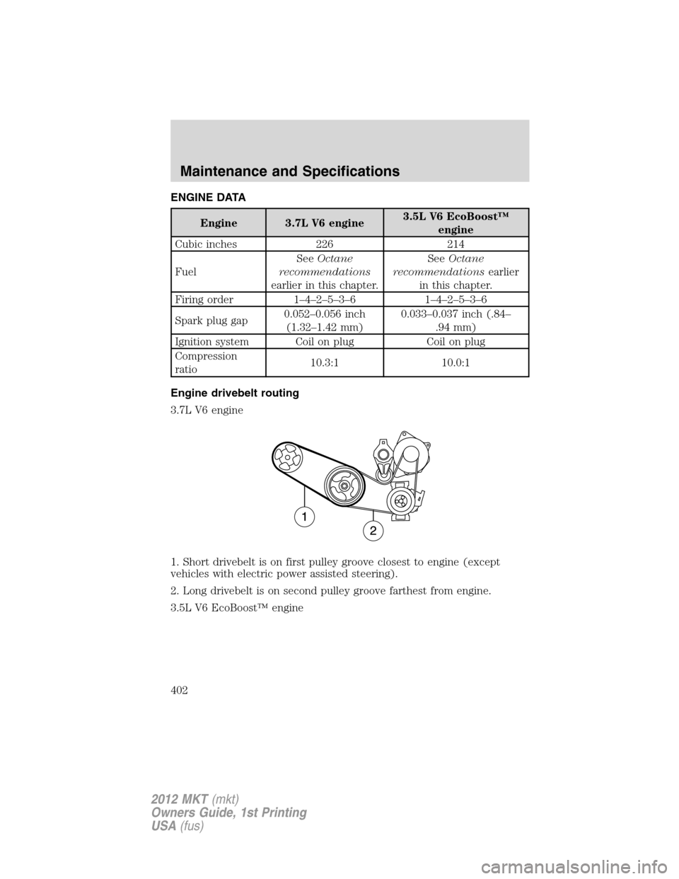 LINCOLN MKT 2012  Owners Manual ENGINE DATA
Engine 3.7L V6 engine3.5L V6 EcoBoost™
engine
Cubic inches 226 214
FuelSeeOctane
recommendations
earlier in this chapter.SeeOctane
recommendationsearlier
in this chapter.
Firing order 1
