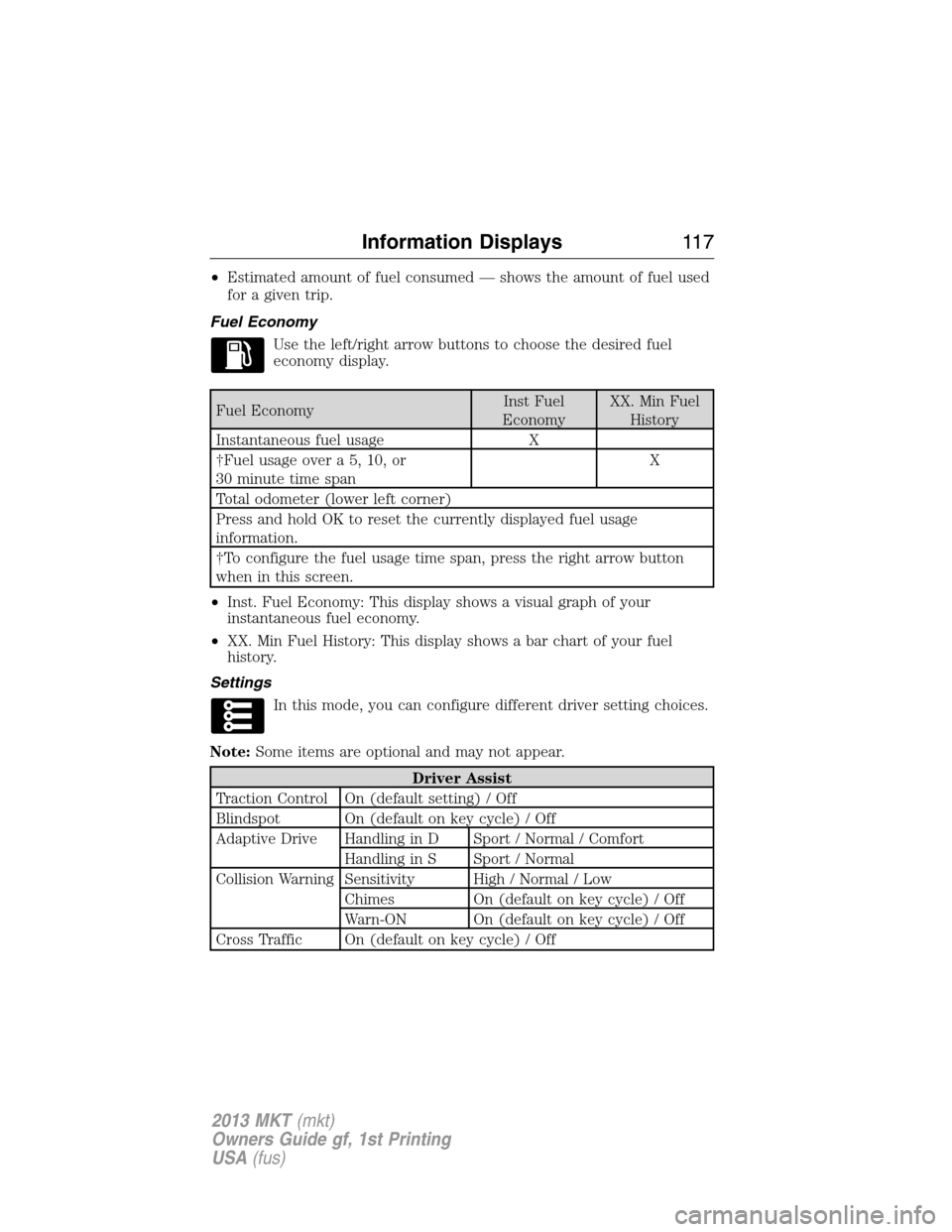 LINCOLN MKT 2013 User Guide •Estimated amount of fuel consumed — shows the amount of fuel used
for a given trip.
Fuel Economy
Use the left/right arrow buttons to choose the desired fuel
economy display.
Fuel EconomyInst Fuel