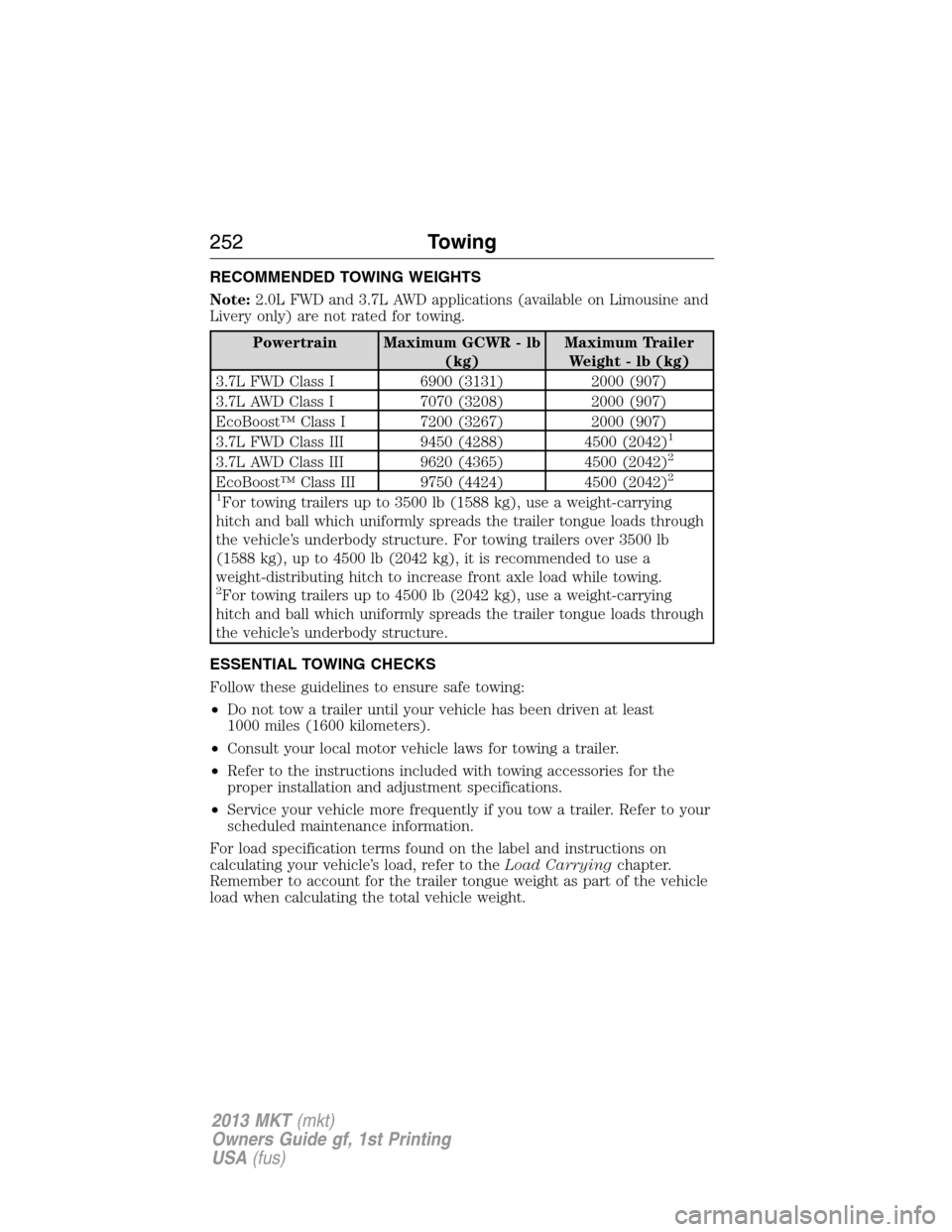 LINCOLN MKT 2013 Owners Manual RECOMMENDED TOWING WEIGHTS
Note:2.0L FWD and 3.7L AWD applications (available on Limousine and
Livery only) are not rated for towing.
Powertrain Maximum GCWR - lb
(kg)Maximum Trailer
Weight - lb (kg)
LINCOLN MKT 2013 Owners Manual RECOMMENDED TOWING WEIGHTS
Note:2.0L FWD and 3.7L AWD applications (available on Limousine and
Livery only) are not rated for towing.
Powertrain Maximum GCWR - lb
(kg)Maximum Trailer
Weight - lb (kg)