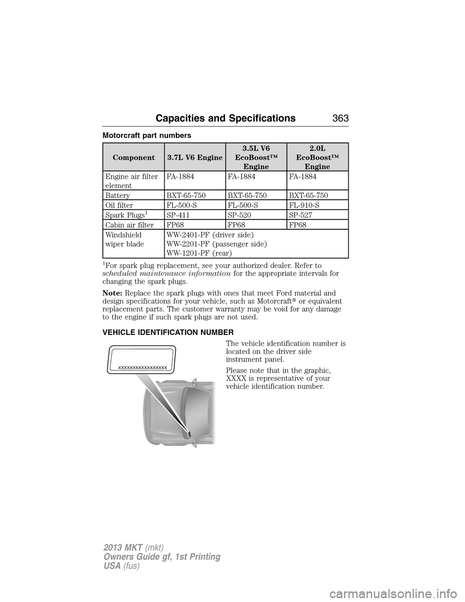 LINCOLN MKT 2013  Owners Manual Motorcraft part numbers
Component 3.7L V6 Engine3.5L V6
EcoBoost™
Engine2.0L
EcoBoost™
Engine
Engine air filter
elementFA-1884 FA-1884 FA-1884
Battery BXT-65-750 BXT-65-750 BXT-65-750
Oil filter F