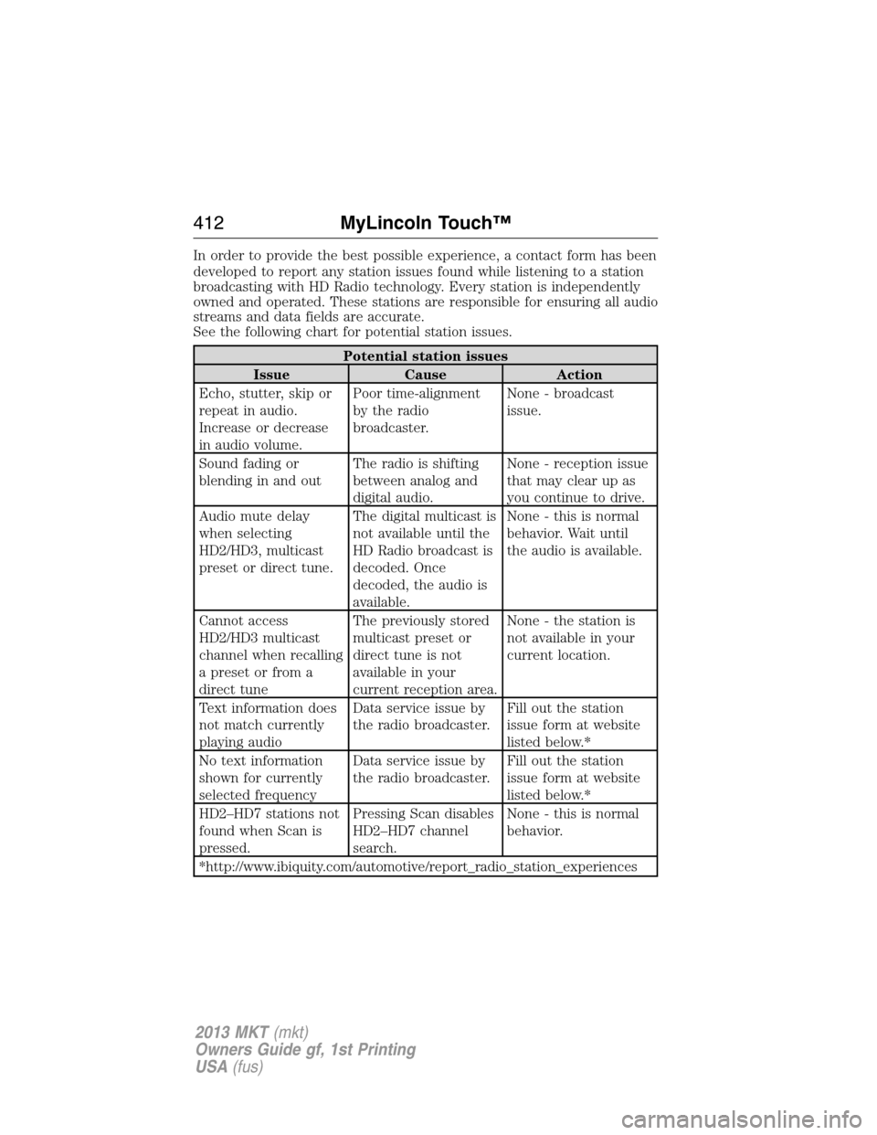 LINCOLN MKT 2013  Owners Manual In order to provide the best possible experience, a contact form has been
developed to report any station issues found while listening to a station
broadcasting with HD Radio technology. Every station
