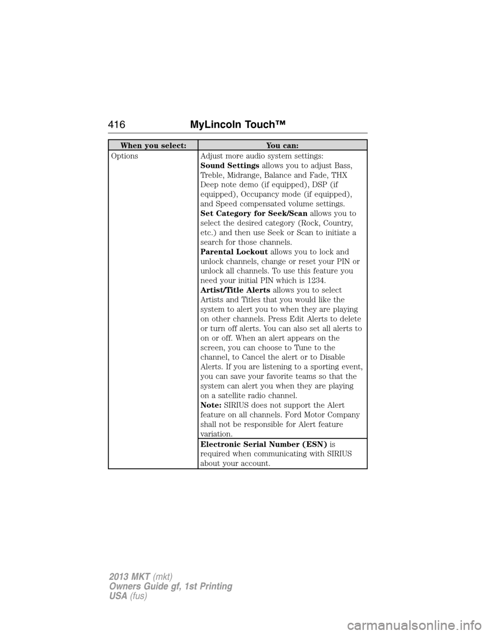 LINCOLN MKT 2013  Owners Manual When you select: You can:
Options Adjust more audio system settings:
Sound Settingsallows you to adjust Bass,
Treble, Midrange, Balance and Fade, THX
Deep note demo (if equipped), DSP (if
equipped), O