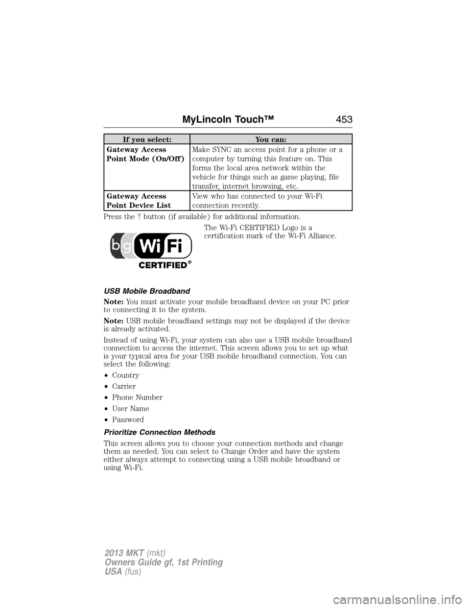LINCOLN MKT 2013 Owners Manual If you select: You can:
Gateway Access
Point Mode (On/Off)Make SYNC an access point for a phone or a
computer by turning this feature on. This
forms the local area network within the
vehicle for thing LINCOLN MKT 2013 Owners Manual If you select: You can:
Gateway Access
Point Mode (On/Off)Make SYNC an access point for a phone or a
computer by turning this feature on. This
forms the local area network within the
vehicle for thing