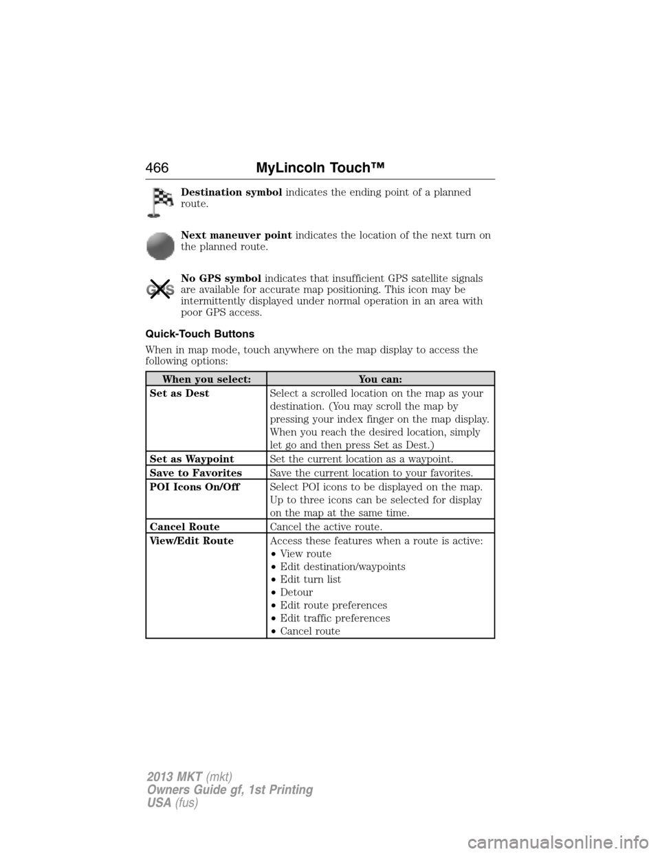 LINCOLN MKT 2013  Owners Manual Destination symbolindicates the ending point of a planned
route.
Next maneuver pointindicates the location of the next turn on
the planned route.
No GPS symbolindicates that insufficient GPS satellite