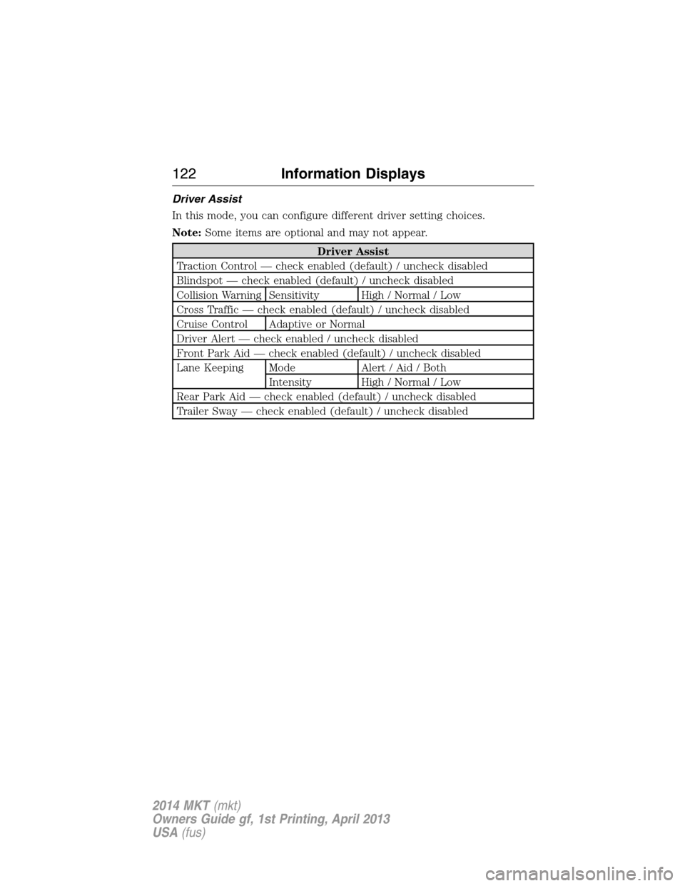 LINCOLN MKT 2014 Owners Manual Driver Assist
In this mode, you can configure different driver setting choices.
Note:Some items are optional and may not appear.
Driver Assist
Traction Control — check enabled (default) / uncheck di LINCOLN MKT 2014 Owners Manual Driver Assist
In this mode, you can configure different driver setting choices.
Note:Some items are optional and may not appear.
Driver Assist
Traction Control — check enabled (default) / uncheck di