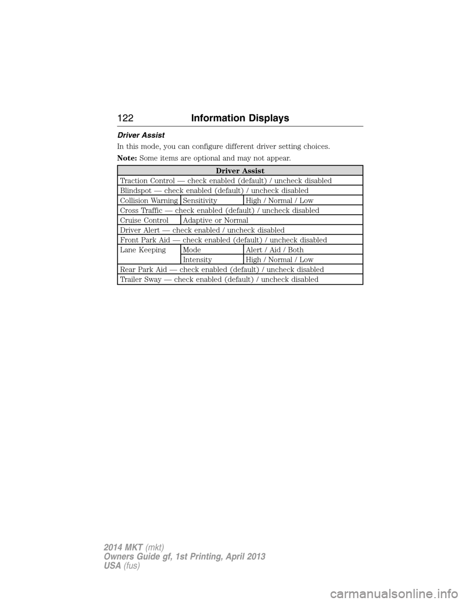 LINCOLN MKT 2014  Owners Manual Driver Assist
In this mode, you can configure different driver setting choices.
Note:Some items are optional and may not appear.
Driver Assist
Traction Control — check enabled (default) / uncheck di