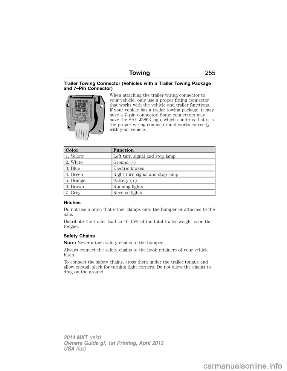 LINCOLN MKT 2014 Owners Manual Trailer Towing Connector (Vehicles with a Trailer Towing Package
and 7–Pin Connector)
When attaching the trailer wiring connector to
your vehicle, only use a proper fitting connector
that works with LINCOLN MKT 2014 Owners Manual Trailer Towing Connector (Vehicles with a Trailer Towing Package
and 7–Pin Connector)
When attaching the trailer wiring connector to
your vehicle, only use a proper fitting connector
that works with