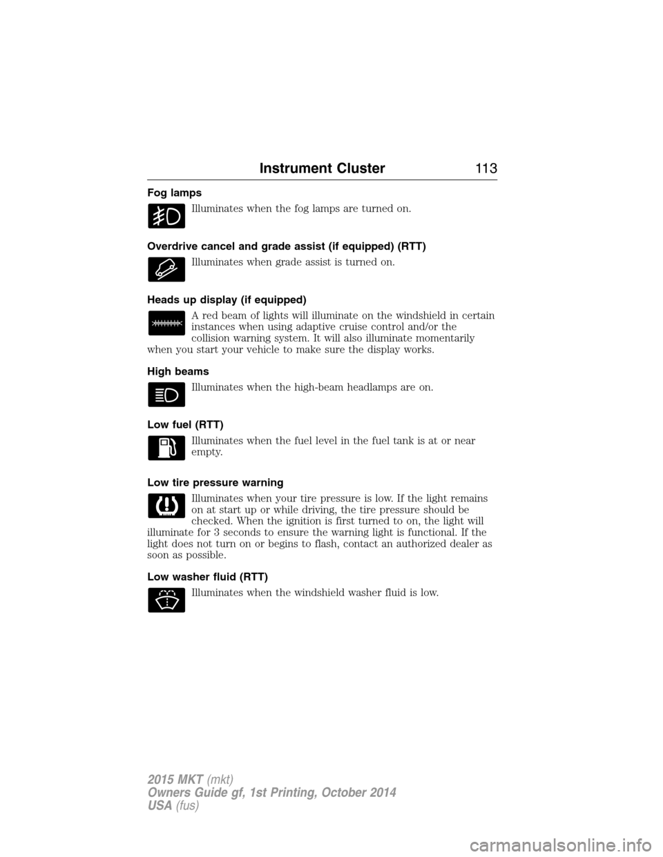 LINCOLN MKT 2015 Owners Manual (500 Pages), Page 120 GAUGES Cluster