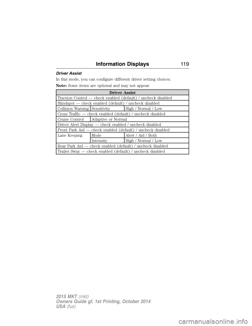 LINCOLN MKT 2015 Owners Manual Driver Assist
In this mode, you can configure different driver setting choices.
Note:Some items are optional and may not appear.
Driver Assist
Traction Control — check enabled (default) / uncheck di LINCOLN MKT 2015 Owners Manual Driver Assist
In this mode, you can configure different driver setting choices.
Note:Some items are optional and may not appear.
Driver Assist
Traction Control — check enabled (default) / uncheck di