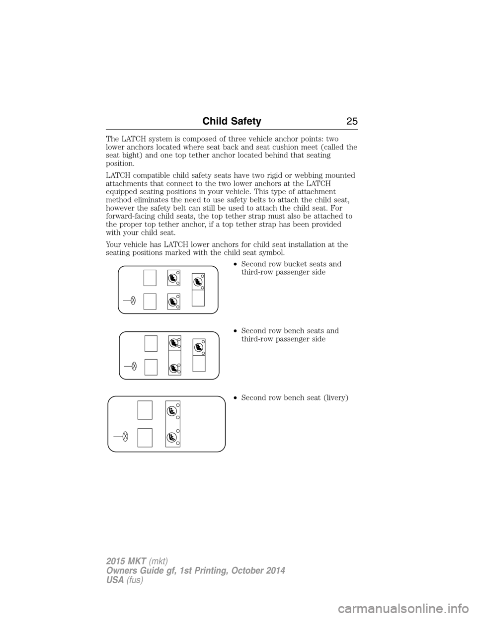 LINCOLN MKT 2015 Owners Manual The LATCH system is composed of three vehicle anchor points: two
lower anchors located where seat back and seat cushion meet (called the
seat bight) and one top tether anchor located behind that seati LINCOLN MKT 2015 Owners Manual The LATCH system is composed of three vehicle anchor points: two
lower anchors located where seat back and seat cushion meet (called the
seat bight) and one top tether anchor located behind that seati