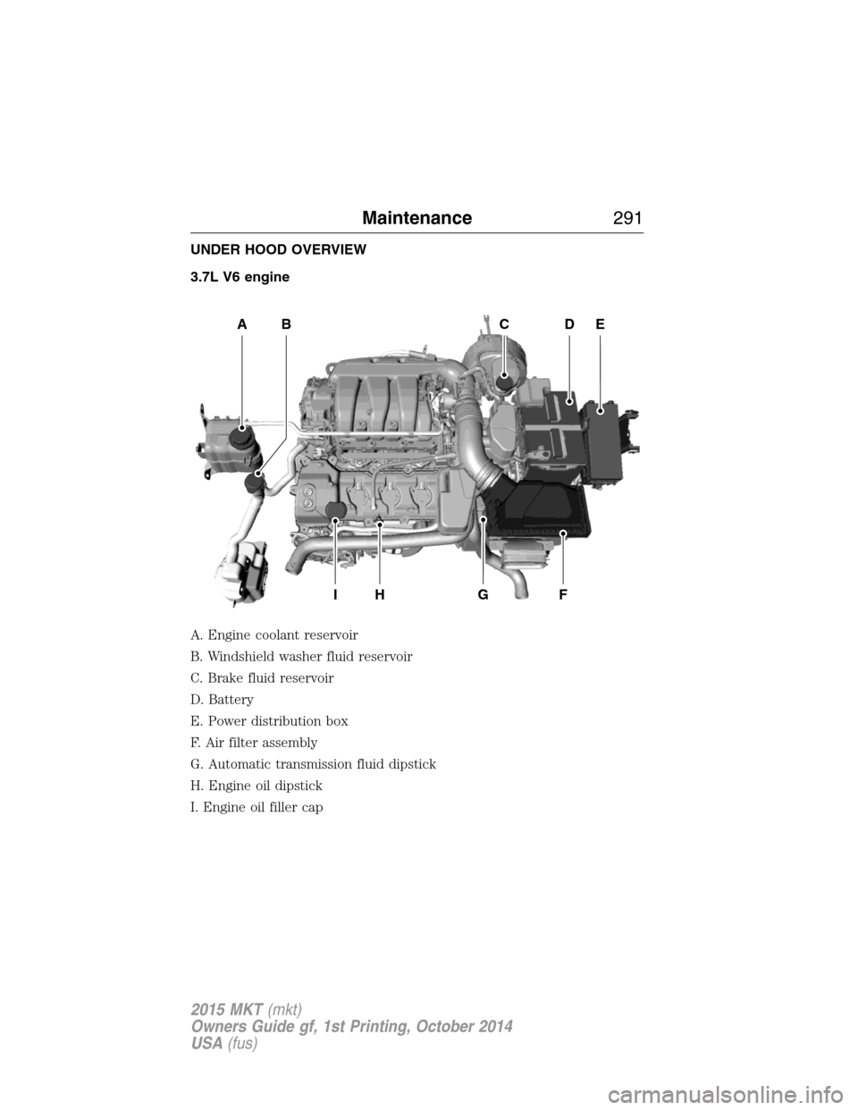 LINCOLN MKT 2015 Owners Manual UNDER HOOD OVERVIEW
3.7L V6 engine
A. Engine coolant reservoir
B. Windshield washer fluid reservoir
C. Brake fluid reservoir
D. Battery
E. Power distribution box
F. Air filter assembly
G. Automatic tr LINCOLN MKT 2015 Owners Manual UNDER HOOD OVERVIEW
3.7L V6 engine
A. Engine coolant reservoir
B. Windshield washer fluid reservoir
C. Brake fluid reservoir
D. Battery
E. Power distribution box
F. Air filter assembly
G. Automatic tr