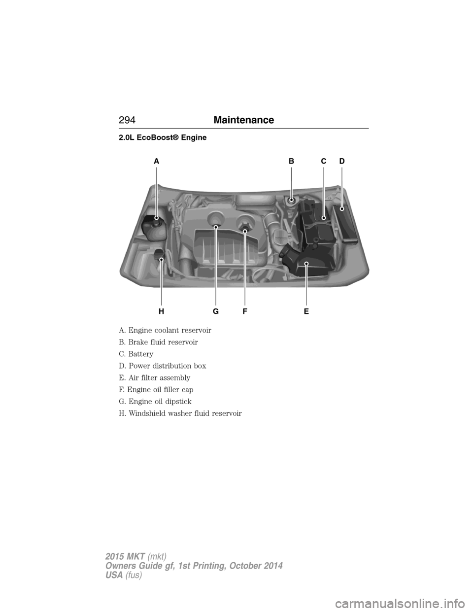 LINCOLN MKT 2015 Owners Manual 2.0L EcoBoost® Engine
A. Engine coolant reservoir
B. Brake fluid reservoir
C. Battery
D. Power distribution box
E. Air filter assembly
F. Engine oil filler cap
G. Engine oil dipstick
H. Windshield wa LINCOLN MKT 2015 Owners Manual 2.0L EcoBoost® Engine
A. Engine coolant reservoir
B. Brake fluid reservoir
C. Battery
D. Power distribution box
E. Air filter assembly
F. Engine oil filler cap
G. Engine oil dipstick
H. Windshield wa