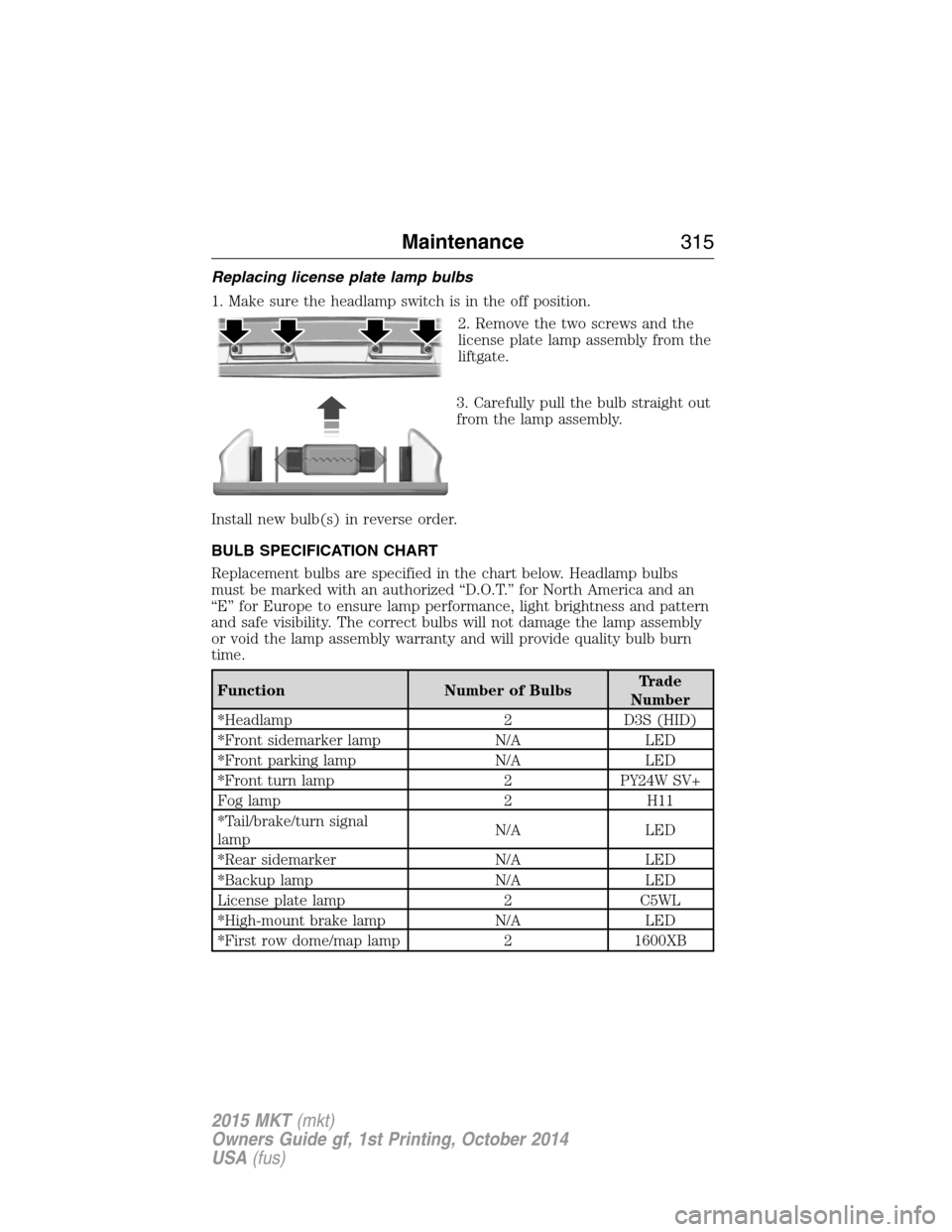 LINCOLN MKT 2015 Owners Manual Replacing license plate lamp bulbs
1. Make sure the headlamp switch is in the off position.
2. Remove the two screws and the
license plate lamp assembly from the
liftgate.
3. Carefully pull the bulb s LINCOLN MKT 2015 Owners Manual Replacing license plate lamp bulbs
1. Make sure the headlamp switch is in the off position.
2. Remove the two screws and the
license plate lamp assembly from the
liftgate.
3. Carefully pull the bulb s