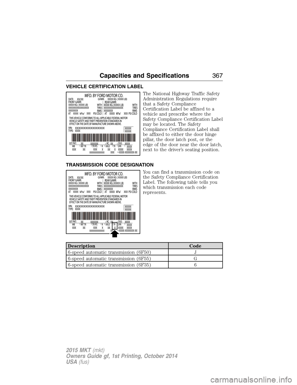 LINCOLN MKT 2015 Owners Manual VEHICLE CERTIFICATION LABEL
The National Highway Traffic Safety
Administration Regulations require
that a Safety Compliance
Certification Label be affixed to a
vehicle and prescribe where the
Safety C LINCOLN MKT 2015 Owners Manual VEHICLE CERTIFICATION LABEL
The National Highway Traffic Safety
Administration Regulations require
that a Safety Compliance
Certification Label be affixed to a
vehicle and prescribe where the
Safety C