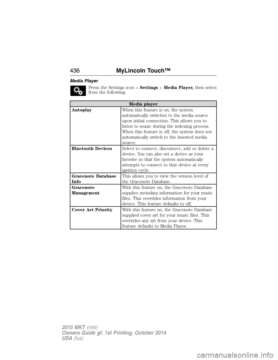LINCOLN MKT 2015 Owners Manual Media Player
Press the Settings icon >Settings>Media Player,then select
from the following:
Media player
AutoplayWhen this feature is on, the system
automatically switches to the media source
upon ini LINCOLN MKT 2015 Owners Manual Media Player
Press the Settings icon >Settings>Media Player,then select
from the following:
Media player
AutoplayWhen this feature is on, the system
automatically switches to the media source
upon ini
