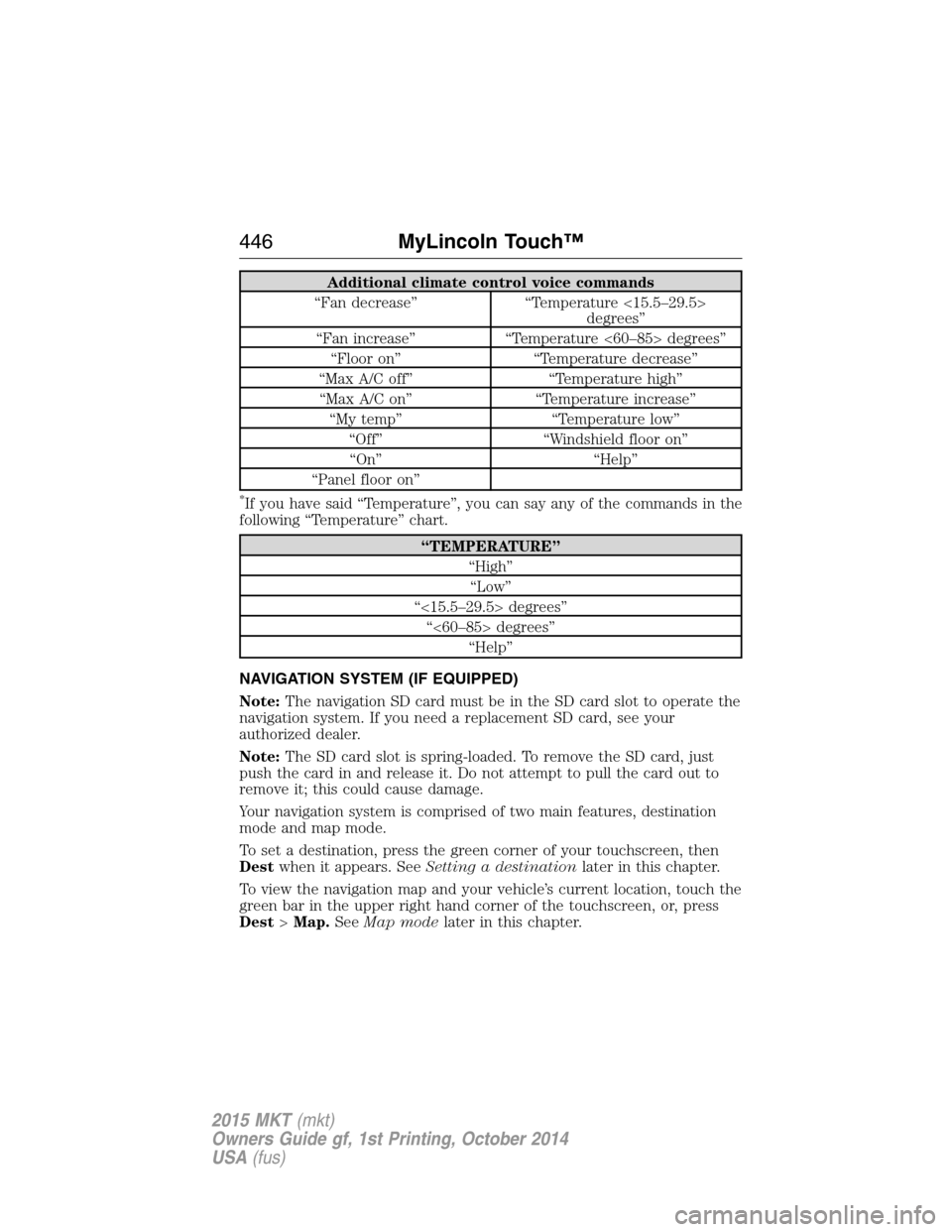 LINCOLN MKT 2015 Owners Manual Additional climate control voice commands
“Fan decrease” “Temperature <15.5–29.5>
degrees”
“Fan increase” “Temperature <60–85> degrees”
“Floor on” “Temperature decrease”
LINCOLN MKT 2015 Owners Manual Additional climate control voice commands
“Fan decrease” “Temperature <15.5–29.5>
degrees”
“Fan increase” “Temperature <60–85> degrees”
“Floor on” “Temperature decrease”