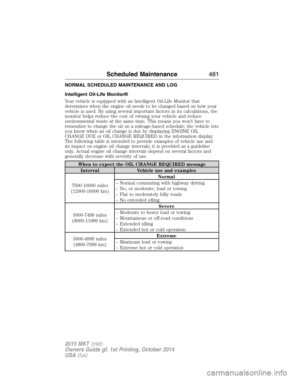 LINCOLN MKT 2015 Owners Manual NORMAL SCHEDULED MAINTENANCE AND LOG
Intelligent Oil-Life Monitor®
Your vehicle is equipped with an Intelligent Oil-Life Monitor that
determines when the engine oil needs to be changed based on how y LINCOLN MKT 2015 Owners Manual NORMAL SCHEDULED MAINTENANCE AND LOG
Intelligent Oil-Life Monitor®
Your vehicle is equipped with an Intelligent Oil-Life Monitor that
determines when the engine oil needs to be changed based on how y