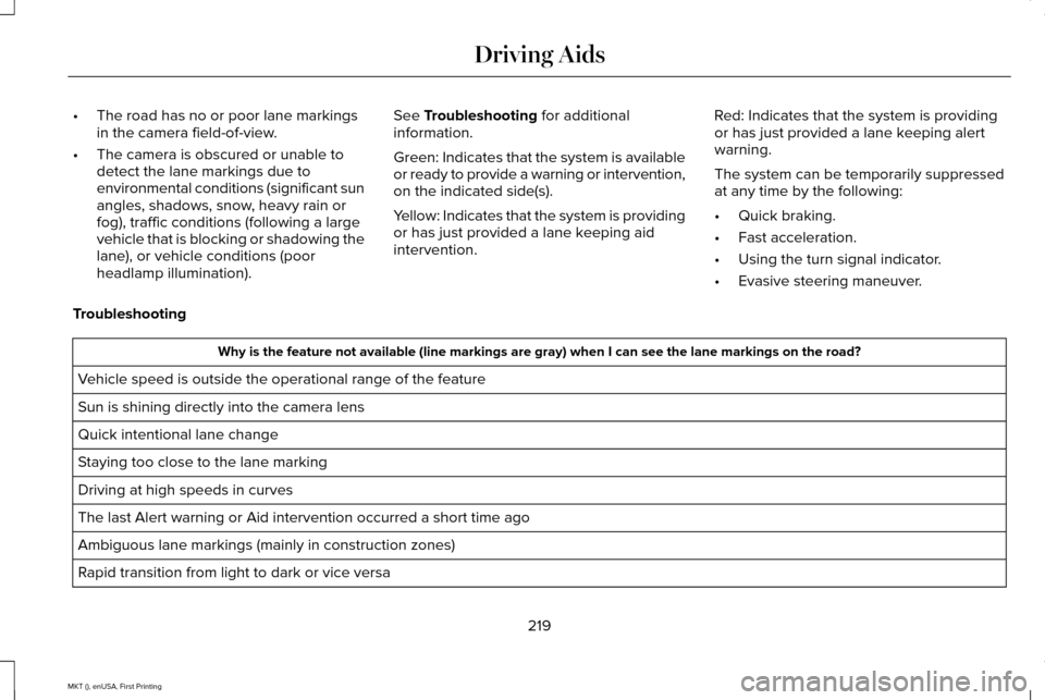 LINCOLN MKT 2016 Owners Manual •
The road has no or poor lane markings
in the camera field-of-view.
• The camera is obscured or unable to
detect the lane markings due to
environmental conditions (significant sun
angles, shadows LINCOLN MKT 2016 Owners Manual •
The road has no or poor lane markings
in the camera field-of-view.
• The camera is obscured or unable to
detect the lane markings due to
environmental conditions (significant sun
angles, shadows