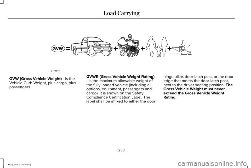 LINCOLN MKT 2016 Owners Manual GVW (Gross Vehicle Weight) - is the
Vehicle Curb Weight, plus cargo, plus
passengers. GVWR (Gross Vehicle Weight Rating)
- is the maximum allowable weight of
the fully loaded vehicle (including all
op LINCOLN MKT 2016 Owners Manual GVW (Gross Vehicle Weight) - is the
Vehicle Curb Weight, plus cargo, plus
passengers. GVWR (Gross Vehicle Weight Rating)
- is the maximum allowable weight of
the fully loaded vehicle (including all
op
