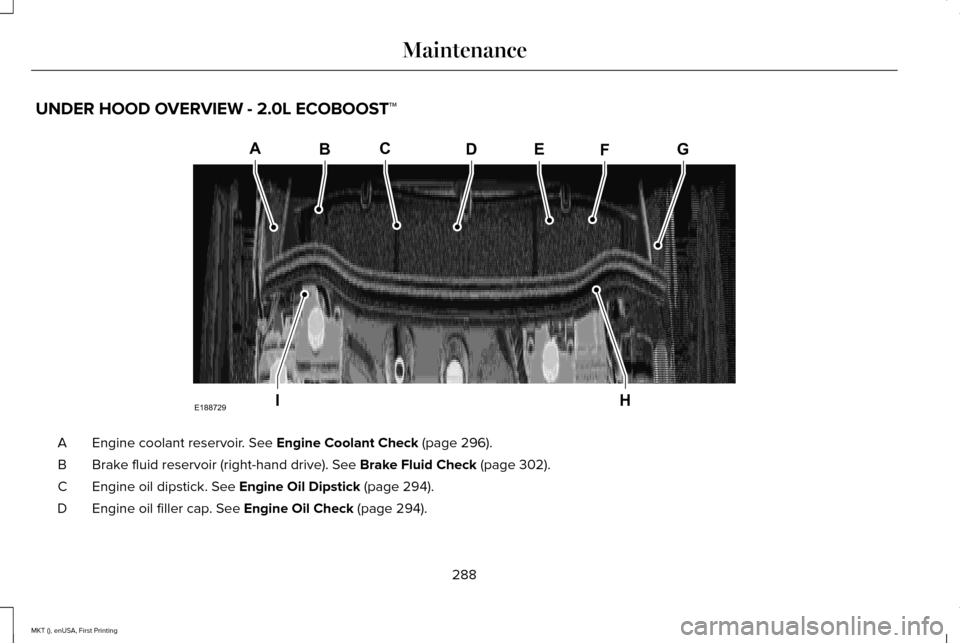 LINCOLN MKT 2016 Owners Manual UNDER HOOD OVERVIEW - 2.0L ECOBOOST™
Engine coolant reservoir. See Engine Coolant Check (page 296).
A
Brake fluid reservoir (right-hand drive).
See Brake Fluid Check (page 302).
B
Engine oil dipsti LINCOLN MKT 2016 Owners Manual UNDER HOOD OVERVIEW - 2.0L ECOBOOST™
Engine coolant reservoir. See Engine Coolant Check (page 296).
A
Brake fluid reservoir (right-hand drive).
See Brake Fluid Check (page 302).
B
Engine oil dipsti