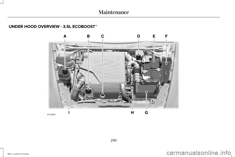 LINCOLN MKT 2016 Owners Manual UNDER HOOD OVERVIEW - 3.5L ECOBOOST™
290
MKT (), enUSA, First Printing MaintenanceE173375 LINCOLN MKT 2016 Owners Manual UNDER HOOD OVERVIEW - 3.5L ECOBOOST™
290
MKT (), enUSA, First Printing MaintenanceE173375