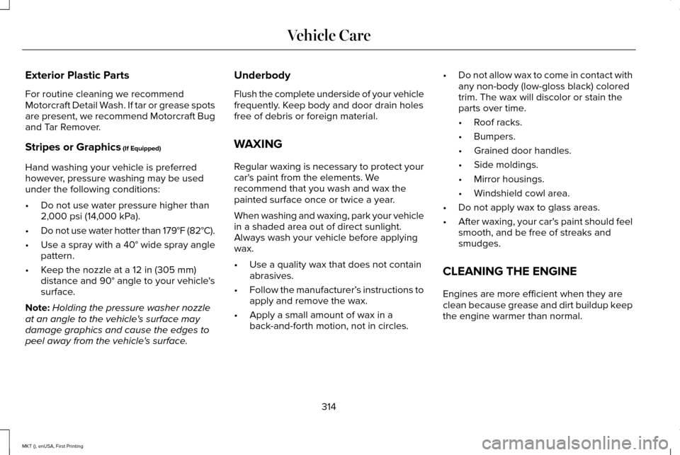 LINCOLN MKT 2016  Owners Manual Exterior Plastic Parts
For routine cleaning we recommend
Motorcraft Detail Wash. If tar or grease spots
are present, we recommend Motorcraft Bug
and Tar Remover.
Stripes or Graphics (If Equipped)
Hand