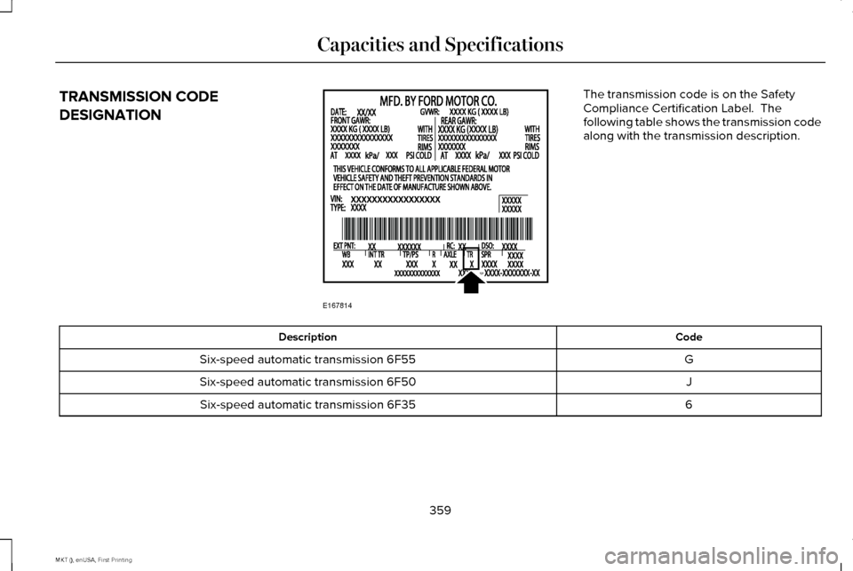 LINCOLN MKT 2016  Owners Manual TRANSMISSION CODE
DESIGNATION The transmission code is on the Safety
Compliance Certification Label.  The
following table shows the transmission code
along with the transmission description.
Code
Desc