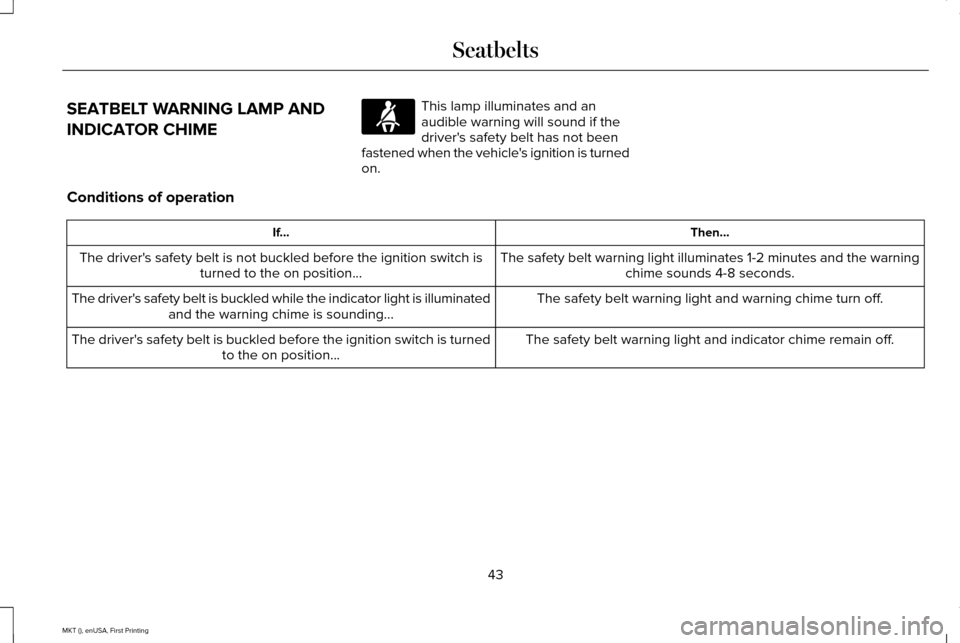 LINCOLN MKT 2016  Owners Manual SEATBELT WARNING LAMP AND
INDICATOR CHIME This lamp illuminates and an
audible warning will sound if the
drivers safety belt has not been
fastened when the vehicles ignition is turned
on.
Conditions