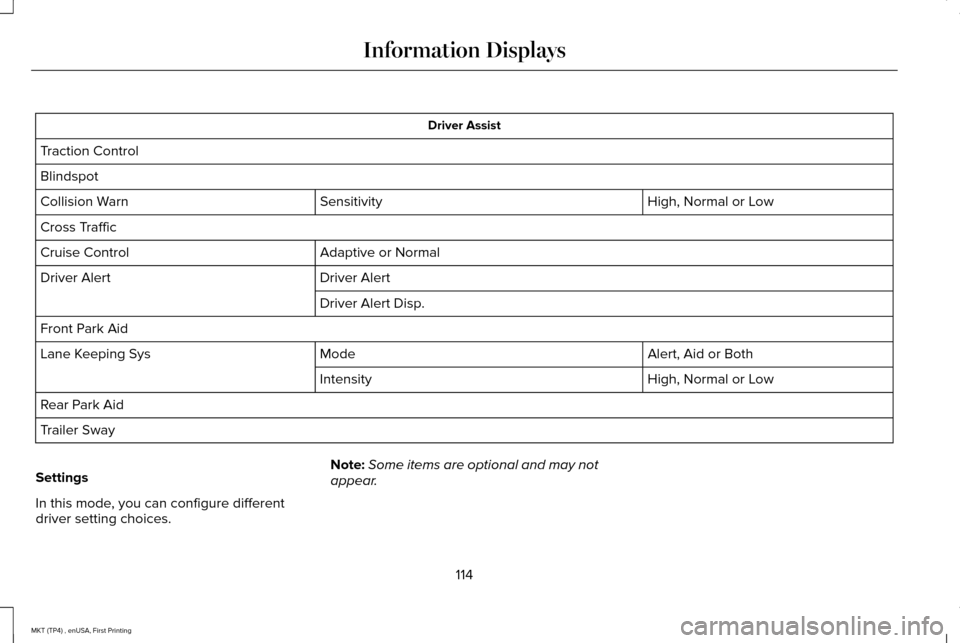 LINCOLN MKT 2017 Owners Manual Driver Assist
Traction Control
Blindspot High, Normal or Low
Sensitivity
Collision Warn
Cross Traffic
Adaptive or Normal
Cruise Control
Driver Alert
Driver Alert
Driver Alert Disp.
Front Park Aid Aler LINCOLN MKT 2017 Owners Manual Driver Assist
Traction Control
Blindspot High, Normal or Low
Sensitivity
Collision Warn
Cross Traffic
Adaptive or Normal
Cruise Control
Driver Alert
Driver Alert
Driver Alert Disp.
Front Park Aid Aler