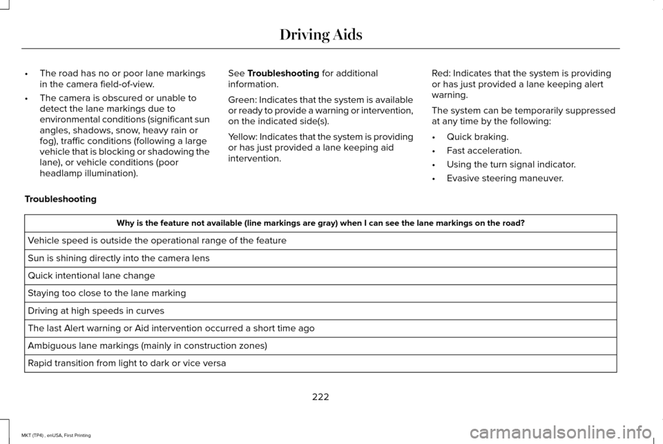LINCOLN MKT 2017 Owners Manual •
The road has no or poor lane markings
in the camera field-of-view.
• The camera is obscured or unable to
detect the lane markings due to
environmental conditions (significant sun
angles, shadows LINCOLN MKT 2017 Owners Manual •
The road has no or poor lane markings
in the camera field-of-view.
• The camera is obscured or unable to
detect the lane markings due to
environmental conditions (significant sun
angles, shadows
