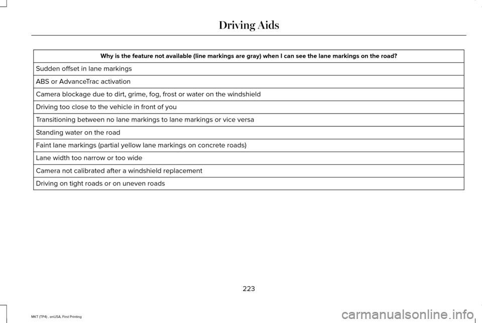 LINCOLN MKT 2017 Owners Manual Why is the feature not available (line markings are gray) when I can s\
ee the lane markings on the road?
Sudden offset in lane markings
ABS or AdvanceTrac activation
Camera blockage due to dirt, grim LINCOLN MKT 2017 Owners Manual Why is the feature not available (line markings are gray) when I can s\
ee the lane markings on the road?
Sudden offset in lane markings
ABS or AdvanceTrac activation
Camera blockage due to dirt, grim