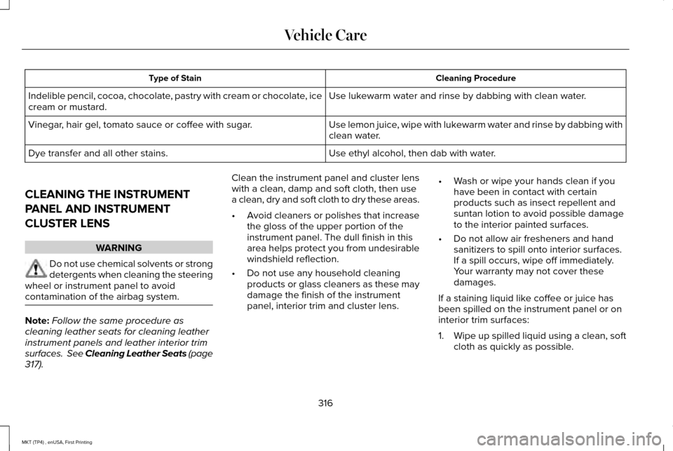 LINCOLN MKT 2017  Owners Manual Cleaning Procedure
Type of Stain
Use lukewarm water and rinse by dabbing with clean water.
Indelible pencil, cocoa, chocolate, pastry with cream or chocolate, ice
cream or mustard.
Use lemon juice, wi