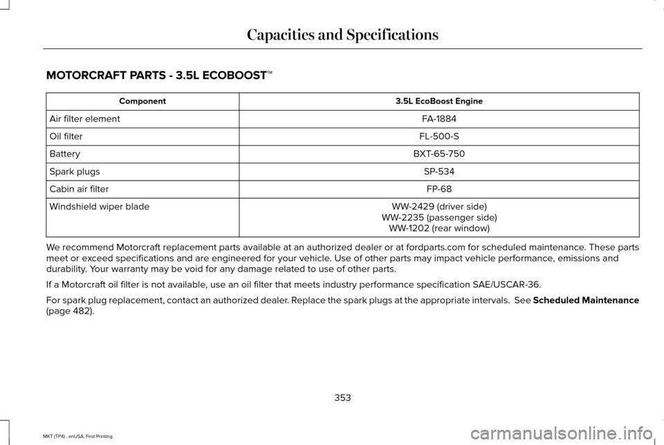 LINCOLN MKT 2017  Owners Manual MOTORCRAFT PARTS - 3.5L ECOBOOST™
3.5L EcoBoost Engine
Component
FA-1884
Air filter element
FL-500-S
Oil filter
BXT-65-750
Battery
SP-534
Spark plugs
FP-68
Cabin air filter
WW-2429 (driver side)
Win