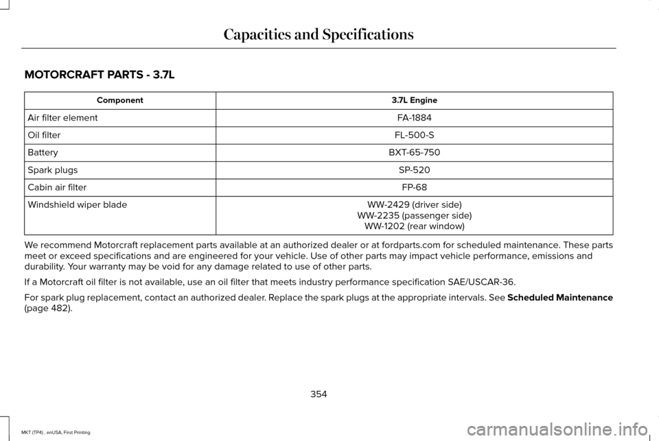 LINCOLN MKT 2017  Owners Manual MOTORCRAFT PARTS - 3.7L
3.7L Engine
Component
FA-1884
Air filter element
FL-500-S
Oil filter
BXT-65-750
Battery
SP-520
Spark plugs
FP-68
Cabin air filter
WW-2429 (driver side)
Windshield wiper blade
W