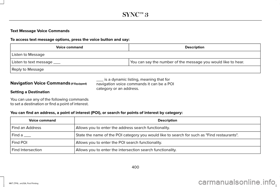LINCOLN MKT 2017  Owners Manual Text Message Voice Commands
To access text message options, press the voice button and say:
Description
Voice command
Listen to Message You can say the number of the message you would like to hear.
Li