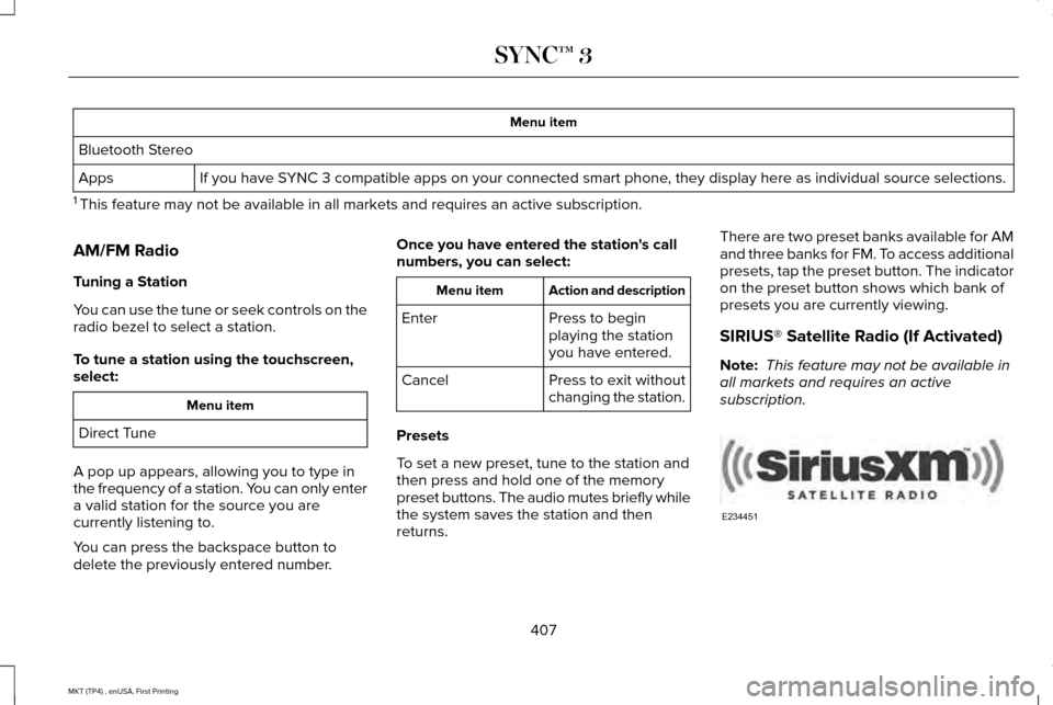 LINCOLN MKT 2017  Owners Manual Menu item
Bluetooth Stereo If you have SYNC 3 compatible apps on your connected smart phone, they display here as individual source selections.
Apps
1  This feature may not be available in all markets