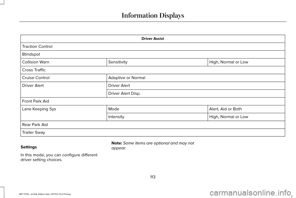 LINCOLN MKT 2018 Owners Manual Driver Assist
Traction Control
Blindspot High, Normal or Low
Sensitivity
Collision Warn
Cross Traffic
Adaptive or Normal
Cruise Control
Driver Alert
Driver Alert
Driver Alert Disp.
Front Park Aid Aler LINCOLN MKT 2018 Owners Manual Driver Assist
Traction Control
Blindspot High, Normal or Low
Sensitivity
Collision Warn
Cross Traffic
Adaptive or Normal
Cruise Control
Driver Alert
Driver Alert
Driver Alert Disp.
Front Park Aid Aler