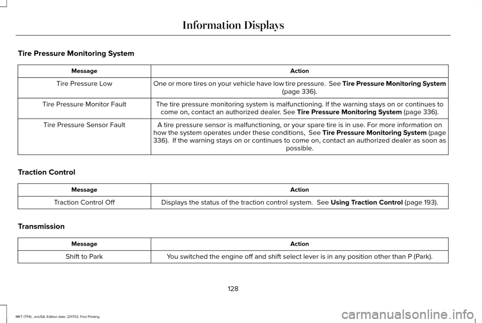 LINCOLN MKT 2018 Owners Manual Tire Pressure Monitoring System
Action
Message
One or more tires on your vehicle have low tire pressure. See Tire Pressure Monitoring System (page 336).
Tire Pressure Low
The tire pressure monitoring LINCOLN MKT 2018 Owners Manual Tire Pressure Monitoring System
Action
Message
One or more tires on your vehicle have low tire pressure. See Tire Pressure Monitoring System (page 336).
Tire Pressure Low
The tire pressure monitoring