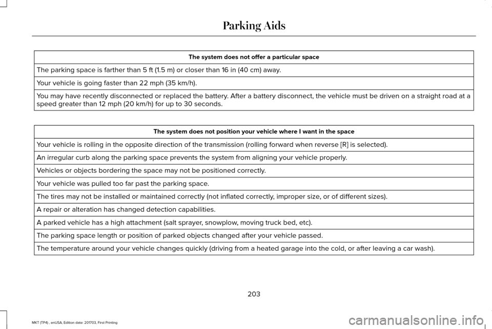 LINCOLN MKT 2018  Owners Manual The system does not offer a particular space
The parking space is farther than 5 ft (1.5 m) or closer than 16 in (40 cm) away.
Your vehicle is going faster than 
22 mph (35 km/h).
You may have recentl