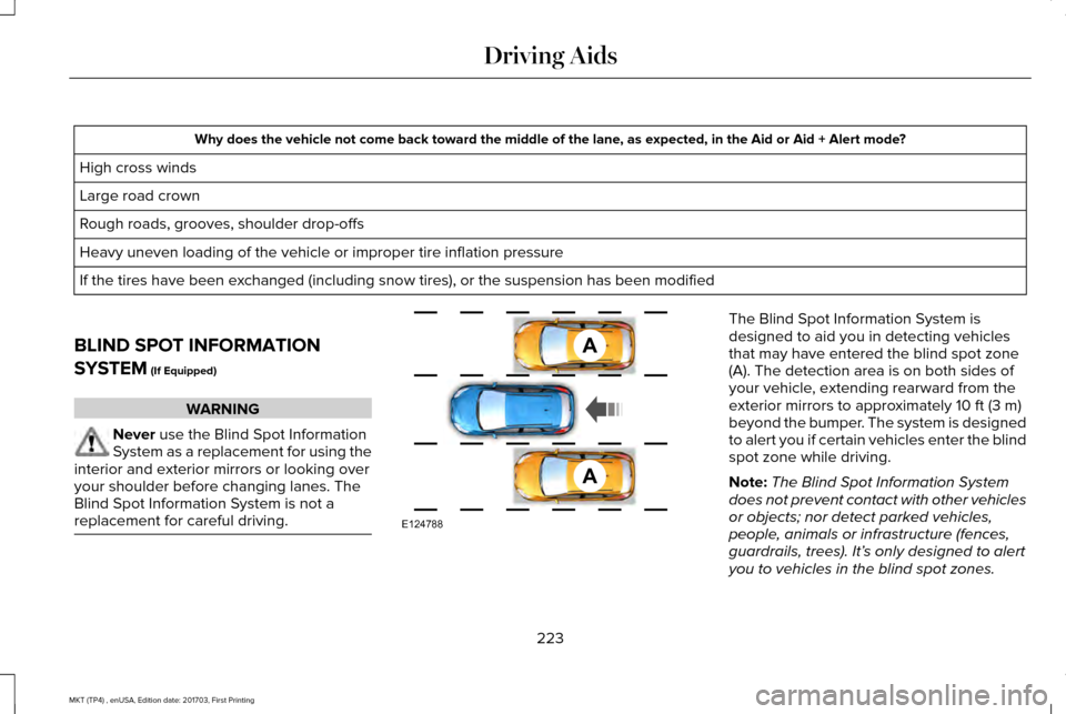 LINCOLN MKT 2018  Owners Manual Why does the vehicle not come back toward the middle of the lane, as expected, in the Aid or Aid + Alert mode?
High cross winds
Large road crown
Rough roads, grooves, shoulder drop-offs
Heavy uneven l