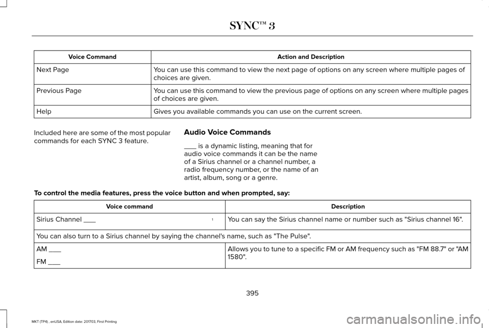 LINCOLN MKT 2018 Owners Manual Action and Description
Voice Command
You can use this command to view the next page of options on any screen w\
here multiple pages of
choices are given.
Next Page
You can use this command to view the LINCOLN MKT 2018 Owners Manual Action and Description
Voice Command
You can use this command to view the next page of options on any screen w\
here multiple pages of
choices are given.
Next Page
You can use this command to view the