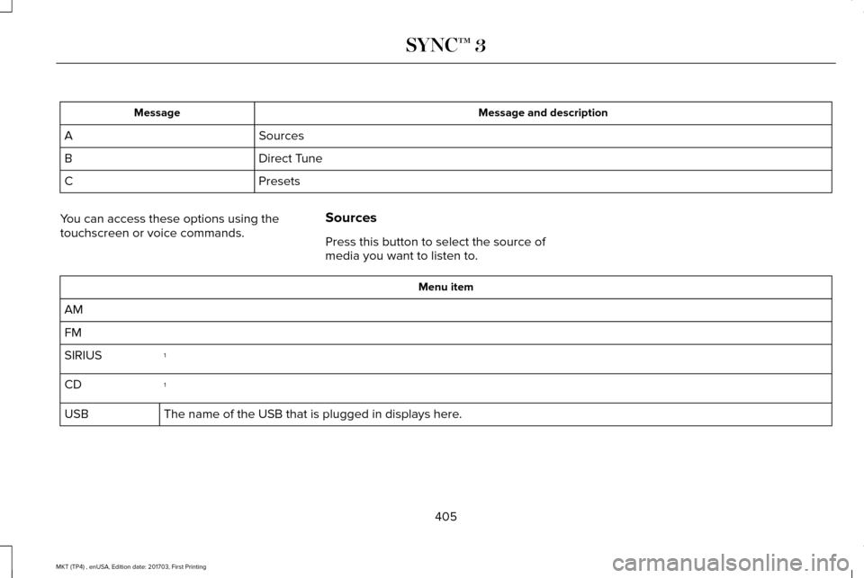 LINCOLN MKT 2018 Owners Manual Message and description
Message
Sources
A
Direct Tune
B
Presets
C
You can access these options using the
touchscreen or voice commands. Sources
Press this button to select the source of
media you want LINCOLN MKT 2018 Owners Manual Message and description
Message
Sources
A
Direct Tune
B
Presets
C
You can access these options using the
touchscreen or voice commands. Sources
Press this button to select the source of
media you want