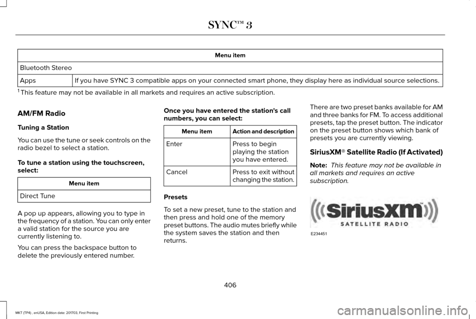 LINCOLN MKT 2018 Owners Manual Menu item
Bluetooth Stereo If you have SYNC 3 compatible apps on your connected smart phone, they display here as individual source selections.
Apps
1 This feature may not be available in all markets LINCOLN MKT 2018 Owners Manual Menu item
Bluetooth Stereo If you have SYNC 3 compatible apps on your connected smart phone, they display here as individual source selections.
Apps
1 This feature may not be available in all markets