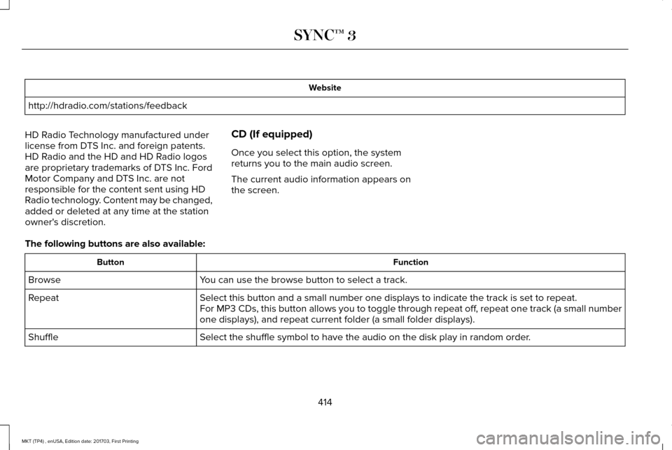LINCOLN MKT 2018 Owners Manual Website
http://hdradio.com/stations/feedback
HD Radio Technology manufactured under
license from DTS Inc. and foreign patents.
HD Radio and the HD and HD Radio logos
are proprietary trademarks of DTS LINCOLN MKT 2018 Owners Manual Website
http://hdradio.com/stations/feedback
HD Radio Technology manufactured under
license from DTS Inc. and foreign patents.
HD Radio and the HD and HD Radio logos
are proprietary trademarks of DTS