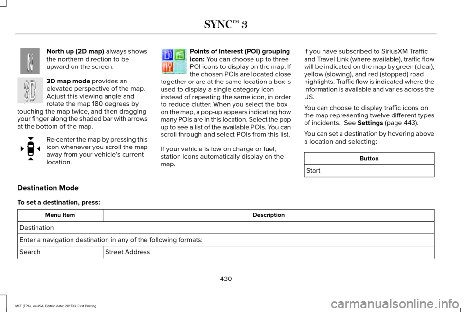 LINCOLN MKT 2018 Owners Manual North up (2D map) always shows
the northern direction to be
upward on the screen. 3D map mode
provides an
elevated perspective of the map.
Adjust this viewing angle and
rotate the map 180 degrees by
LINCOLN MKT 2018 Owners Manual North up (2D map) always shows
the northern direction to be
upward on the screen. 3D map mode
provides an
elevated perspective of the map.
Adjust this viewing angle and
rotate the map 180 degrees by