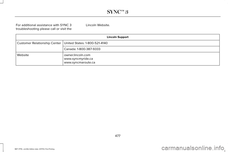 LINCOLN MKT 2018 Owners Manual For additional assistance with SYNC 3
troubleshooting please call or visit the
Lincoln Website. Lincoln Support
United States: 1-800-521-4140
Customer Relationship Center
Canada: 1-800-387-9333
owner. LINCOLN MKT 2018 Owners Manual For additional assistance with SYNC 3
troubleshooting please call or visit the
Lincoln Website. Lincoln Support
United States: 1-800-521-4140
Customer Relationship Center
Canada: 1-800-387-9333
owner.