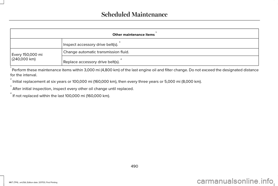 LINCOLN MKT 2018  Owners Manual Other maintenance items 
1
Inspect accessory drive belt(s).  3
Change automatic transmission fluid.
Every 150,000 mi
(240,000 km) Replace accessory drive belt(s).  4
1  Perform these maintenance items