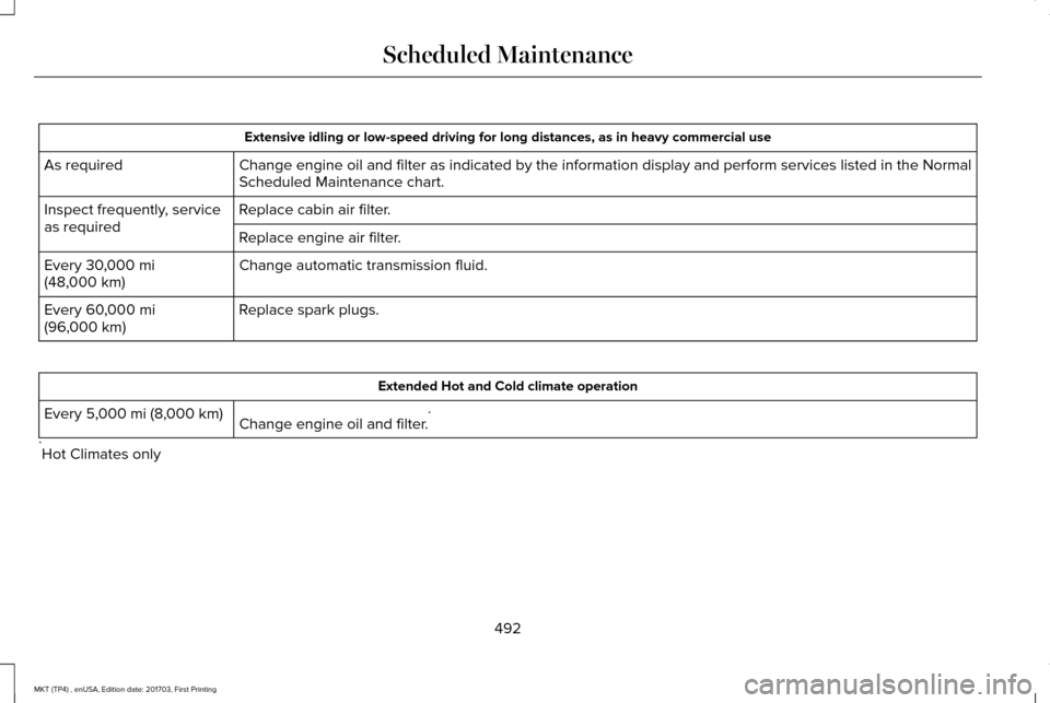 LINCOLN MKT 2018 Owners Manual Extensive idling or low-speed driving for long distances, as in heavy co\
mmercial use
Change engine oil and filter as indicated by the information display and\
perform services listed in the Normal
LINCOLN MKT 2018 Owners Manual Extensive idling or low-speed driving for long distances, as in heavy co\
mmercial use
Change engine oil and filter as indicated by the information display and\
perform services listed in the Normal
