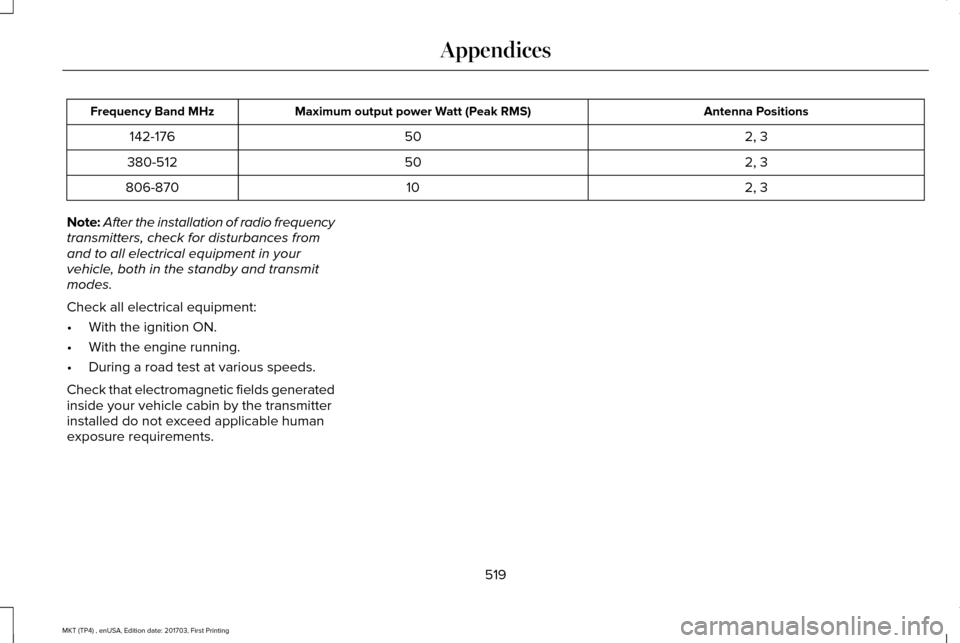 LINCOLN MKT 2018 Owners Manual Antenna Positions
Maximum output power Watt (Peak RMS)
Frequency Band MHz
2, 3
50
142-176
2, 3
50
380-512
2, 3
10
806-870
Note: After the installation of radio frequency
transmitters, check for distur LINCOLN MKT 2018 Owners Manual Antenna Positions
Maximum output power Watt (Peak RMS)
Frequency Band MHz
2, 3
50
142-176
2, 3
50
380-512
2, 3
10
806-870
Note: After the installation of radio frequency
transmitters, check for distur