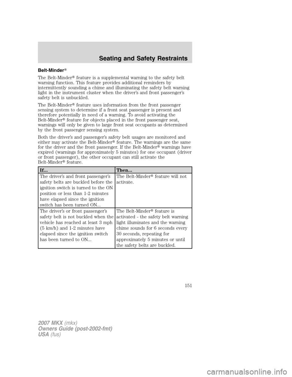 LINCOLN MKX 2007  Owners Manual Belt-Minder
The Belt-Minderfeature is a supplemental warning to the safety belt
warning function. This feature provides additional reminders by
intermittently sounding a chime and illuminating the s